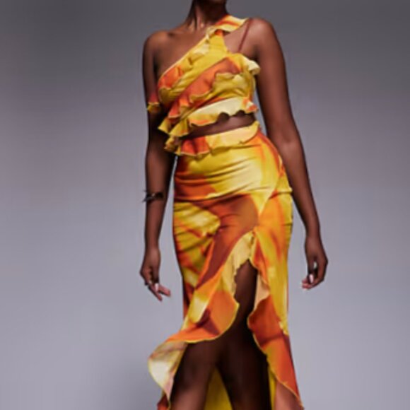 ASOS Dresses & Skirts - ASOS DESIGN one-shoulder ruffle detail maxi dress in orange and yellow abstract